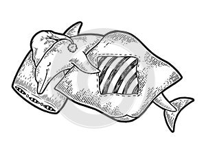 Cartoon sleeping dolphin sketch engraving vector