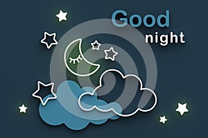 Cartoon sleeping moon, clouds and stars in the night sky. Wishing good night and sweet dreams. Greeting card with copy space. 3D r