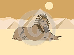 Cartoon sleeping sphinx covered with sand on pyramid background