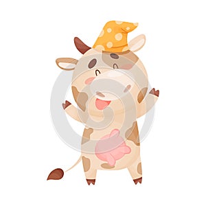 Cartoon Sleepy Cow Wearing Night Cap Standing and Yawning Vector Illustration