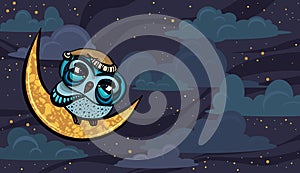 Cartoon sleepy owl and yellow moon