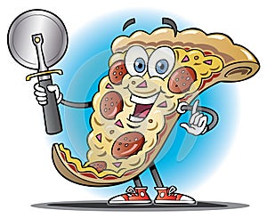 Cartoon slice of pizza holding a pizza cutter