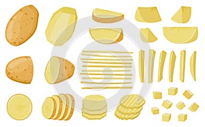Cartoon sliced potatoes, chopped wedges and straws raw potato. Peeled potato root vegetable, sliced raw foods vector