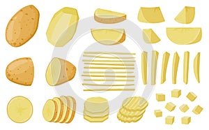 Cartoon sliced potatoes, chopped wedges and straws raw potato. Peeled potato root vegetable, sliced raw foods vector illustration