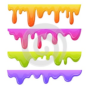 Cartoon slime borders. Dripping liquid mucus spots, sticky slime splashes. Goo sticky slime flat vector illustration set. Jelly