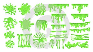 Cartoon slime. Green sticky drips and toxic jelly splatter, messy colored dripping goo, colorful spooky blob. Vector