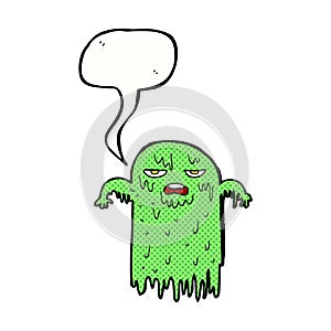 cartoon slimy ghost with speech bubble