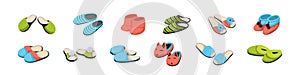 Cartoon slippers. Pairs of shoes for home. Comfortable soft male or female footwear set. Casual footgear with decorative photo