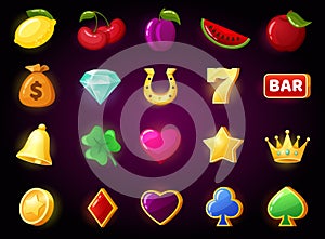 Cartoon slot game icon, casino gaming symbols. Cherry, diamond, crown spinning machine slots, online gambling, mobile