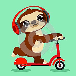 Cartoon sloth in headphone rides a kick scooter