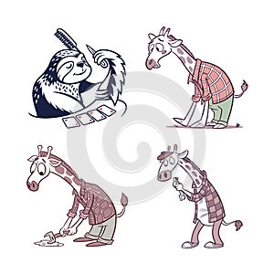 Cartoon sloth poker player and giraffe evolution art