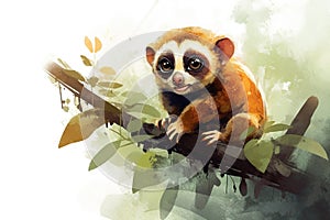 Cartoon slow loris on a branch Generative AI