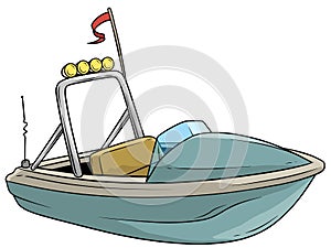 Cartoon small blue motor boat with flag