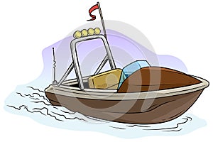 Cartoon small brown motor boat on the sea