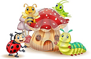 Cartoon small insect with mushroom house