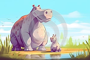 Cartoon about small and large hippopotamus. Generative ai