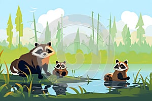 Cartoon about small and large raccoons. Generative ai