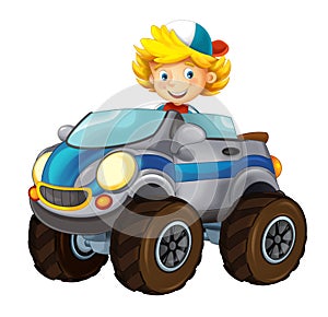 Cartoon small off road car with kid - cabriolet on white background
