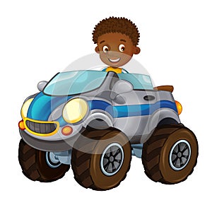 Cartoon small off road car with kid - cabriolet on white background