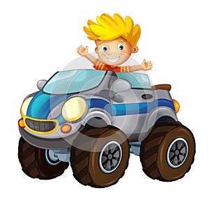 Cartoon small off road car with kid - cabriolet on white background