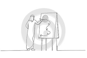 Cartoon of smart arab businessman presenting business winning strategy on whiteboard. Metaphor for business strategy planning,