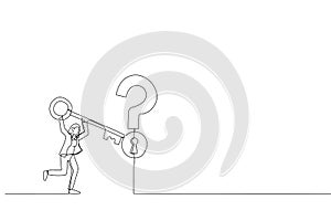Cartoon of smart businesswoman holding big key to unlock keyhole on question mark sign. Metaphor for solution or reason to solve