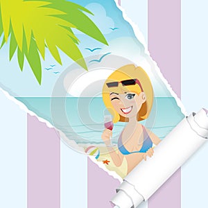 cartoon girl on the beach background with ripped paper