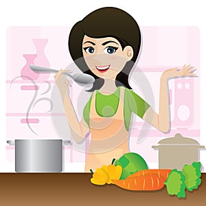 Cartoon smart girl cooking vegetarian soup in kitchen