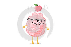 Cartoon smart human brain character with glasses and apple falling dawn to head scientific discovery idea concept. Funny