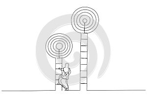 Cartoon of smart muslim businesswoman about to climb up ladder to achieve short term goal. Metaphor for focus on short term goal