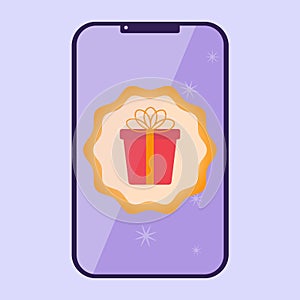 Cartoon smart phone with a gift icon