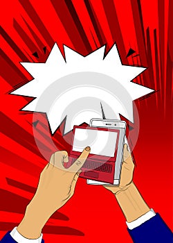 Cartoon Smart Phone and Laptop with blank speech bubble, comic book Computer background.