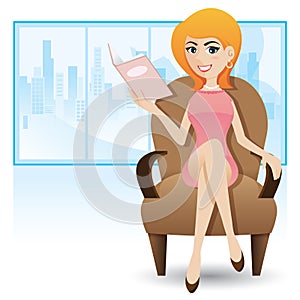 Cartoon smart woman sitting on sofa and reading magazine