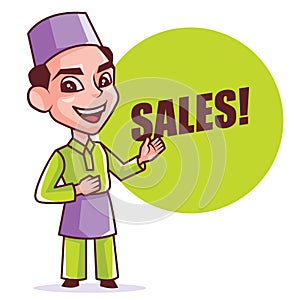 Cartoon smart young Muslim man in songkok introducing and pointing big Sales green signboard photo