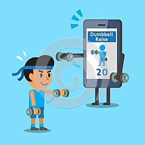 Cartoon smartphone helping a man to do front dumbbell raise exercise