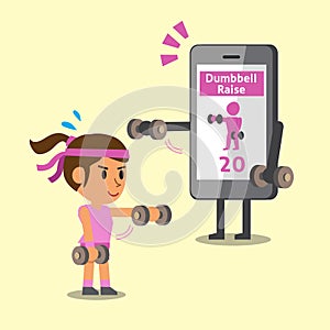 Cartoon smartphone helping a woman to do front dumbbell raise exercise