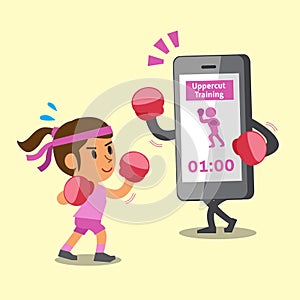 Cartoon smartphone helping woman to do uppercut punch training