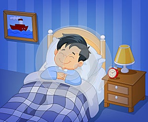 Cartoon smile little boy sleeping in the bed