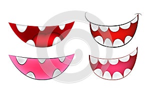 Cartoon smile, mouth, lips with teeth set. vector mesh illustration on white background