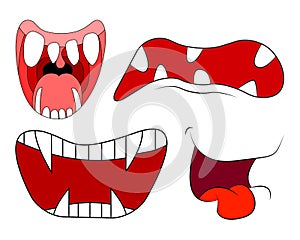 Cartoon smile, mouth, lips with teeth and tongue set. vector illustration on white background