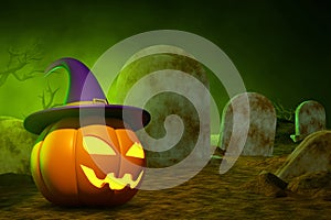 Cartoon smile pumpkin glowing face with witch hat on graveyard cemetery 3d illustrations