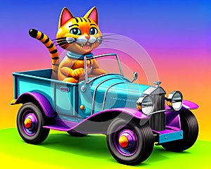 Cartoon smile vintage car pickup classic kitty cat child toy travel photo