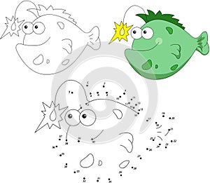 Cartoon smiling angler fish. Vector illustration. Dot to dot game for kids