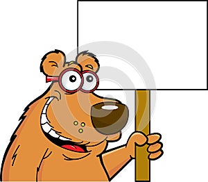 Cartoon smiling bear wearing glasses holding a sign.