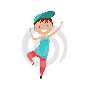 Cartoon smiling boy with dark hair jumping. Joyful child isolated on white background.