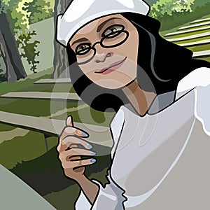 Cartoon smiling brunette woman in white beret and glasses looks into the frame