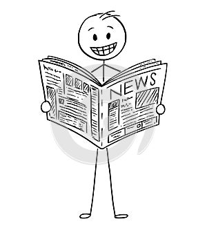 Cartoon of Smiling Businessman Reading Good News in Newspaper