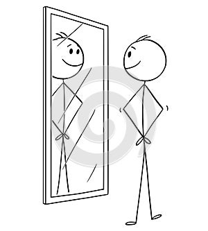 Cartoon of Smiling Cheerful Man Looking at Himself in the Mirror