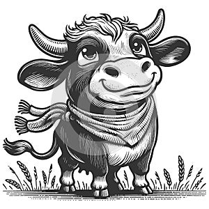 Cartoon Smiling Cow engraving vector illustration