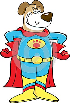 Cartoon smiling dog wearing a super hero costume.